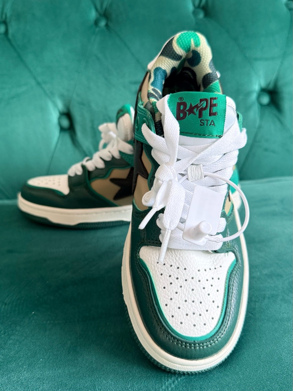 Bape Sta Low-Top Sneakers in Green, White and Tan Camo